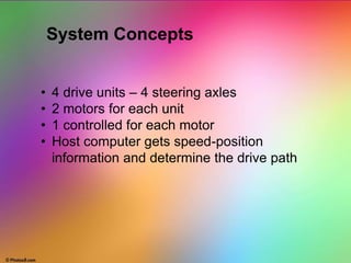 System Concepts
• 4 drive units – 4 steering axles
• 2 motors for each unit
• 1 controlled for each motor
• Host computer gets speed-position
information and determine the drive path
 