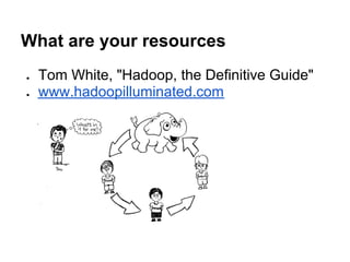 What are your resources
●   Tom White, "Hadoop, the Definitive Guide"
●   www.hadoopilluminated.com
 