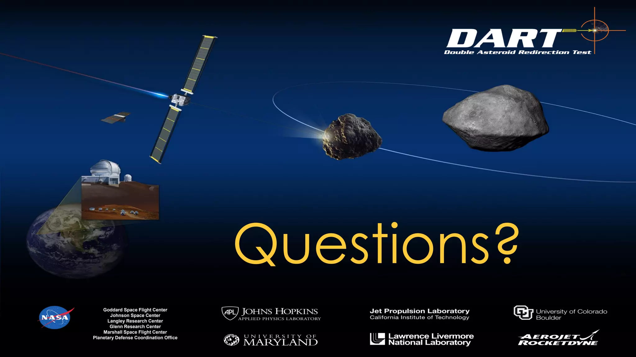 Goddard Space Flight Center
Johnson Space Center
Langley Research Center
Glenn Research Center
Marshall Space Flight Center
Planetary Defense Coordination Office
Questions?
 