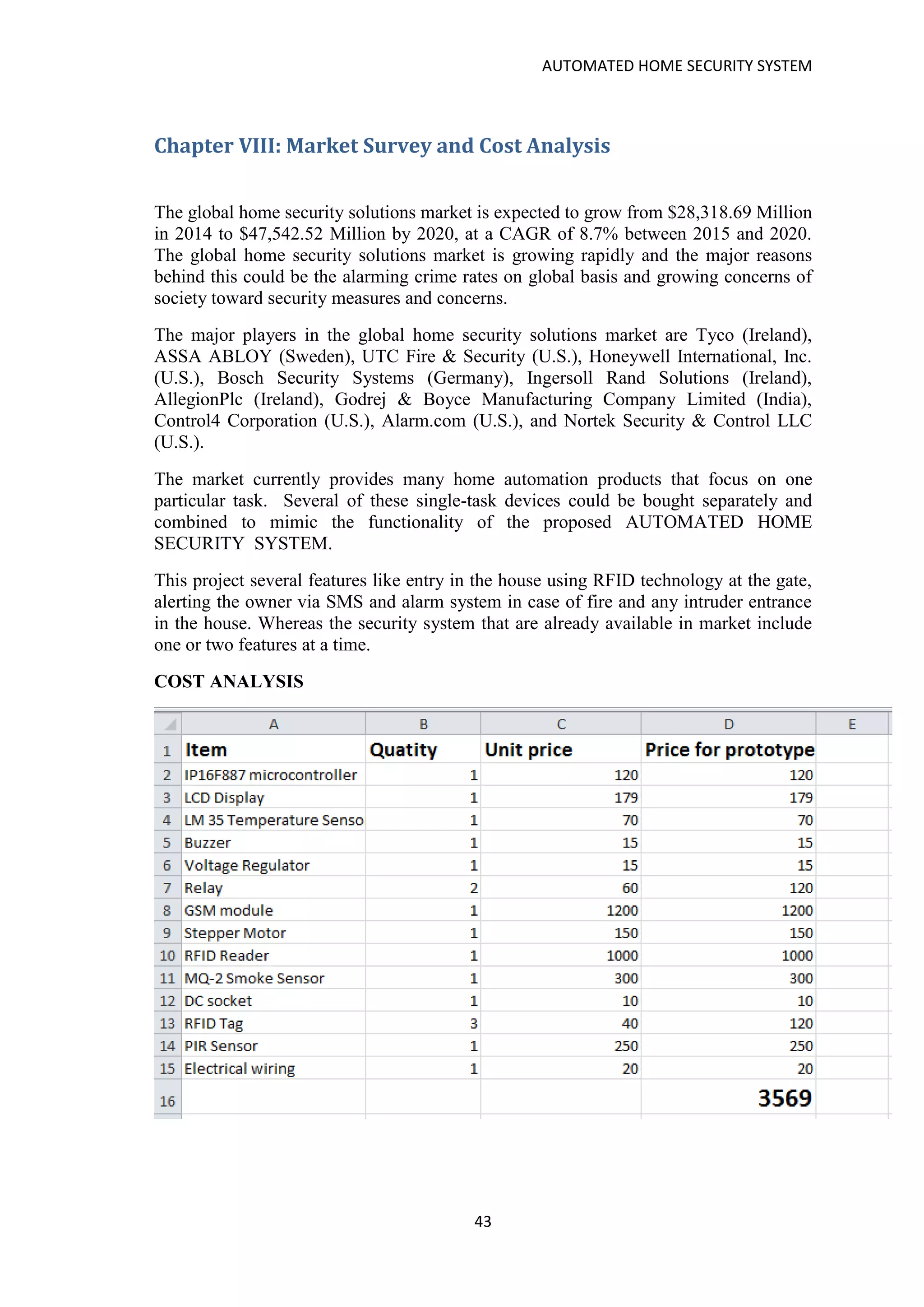 AUTOMATED HOME SECURITY SYSTEM
43
Chapter VIII: Market Survey and Cost Analysis
The global home security solutions market is expected to grow from $28,318.69 Million
in 2014 to $47,542.52 Million by 2020, at a CAGR of 8.7% between 2015 and 2020.
The global home security solutions market is growing rapidly and the major reasons
behind this could be the alarming crime rates on global basis and growing concerns of
society toward security measures and concerns.
The major players in the global home security solutions market are Tyco (Ireland),
ASSA ABLOY (Sweden), UTC Fire & Security (U.S.), Honeywell International, Inc.
(U.S.), Bosch Security Systems (Germany), Ingersoll Rand Solutions (Ireland),
AllegionPlc (Ireland), Godrej & Boyce Manufacturing Company Limited (India),
Control4 Corporation (U.S.), Alarm.com (U.S.), and Nortek Security & Control LLC
(U.S.).
The market currently provides many home automation products that focus on one
particular task. Several of these single-task devices could be bought separately and
combined to mimic the functionality of the proposed AUTOMATED HOME
SECURITY SYSTEM.
This project several features like entry in the house using RFID technology at the gate,
alerting the owner via SMS and alarm system in case of fire and any intruder entrance
in the house. Whereas the security system that are already available in market include
one or two features at a time.
COST ANALYSIS
 