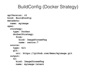 apiVersion: v1 
kind: BuildConfig 
metadata: 
name: myimage 
spec: 
strategy: 
type: Docker 
dockerStrategy: 
from: 
kind: ImageStreamTag 
name: centos:7 
source: 
type: Git 
git: 
uri: https://github.com/demo/myimage.git 
output: 
to: 
kind: ImageStreamTag 
name: myimage:latest
BuildConﬁg (Docker Strategy)
 