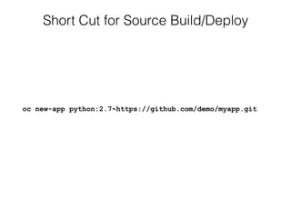 Short Cut for Source Build/Deploy
oc new-app python:2.7~https://github.com/demo/myapp.git
 