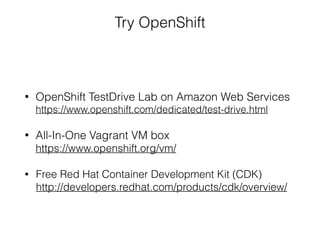 Try OpenShift
• OpenShift TestDrive Lab on Amazon Web Services 
https://www.openshift.com/dedicated/test-drive.html
• All-In-One Vagrant VM box 
https://www.openshift.org/vm/
• Free Red Hat Container Development Kit (CDK) 
http://developers.redhat.com/products/cdk/overview/
 