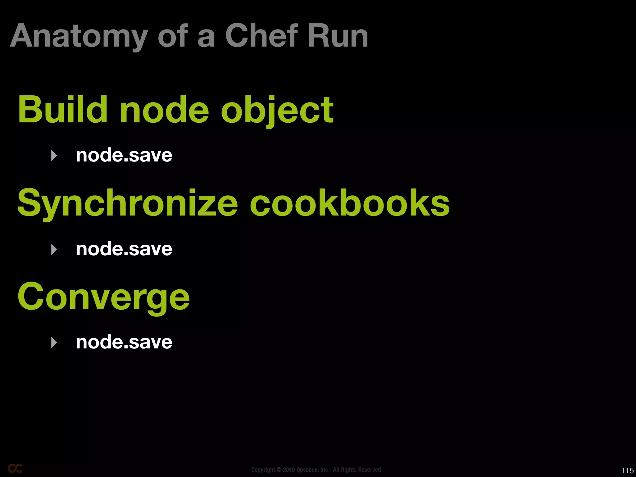 Anatomy of a Chef Run

Build node object
  ‣ node.save

Synchronize cookbooks
  ‣ node.save

Converge
  ‣ node.save




                Copyright © 2010 Opscode, Inc - All Rights Reserved   115
 