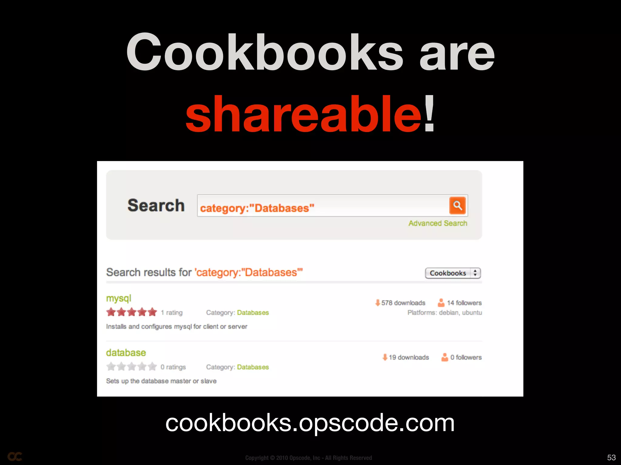 Cookbooks are
  shareable!




 cookbooks.opscode.com
      Copyright © 2010 Opscode, Inc - All Rights Reserved   53
 
