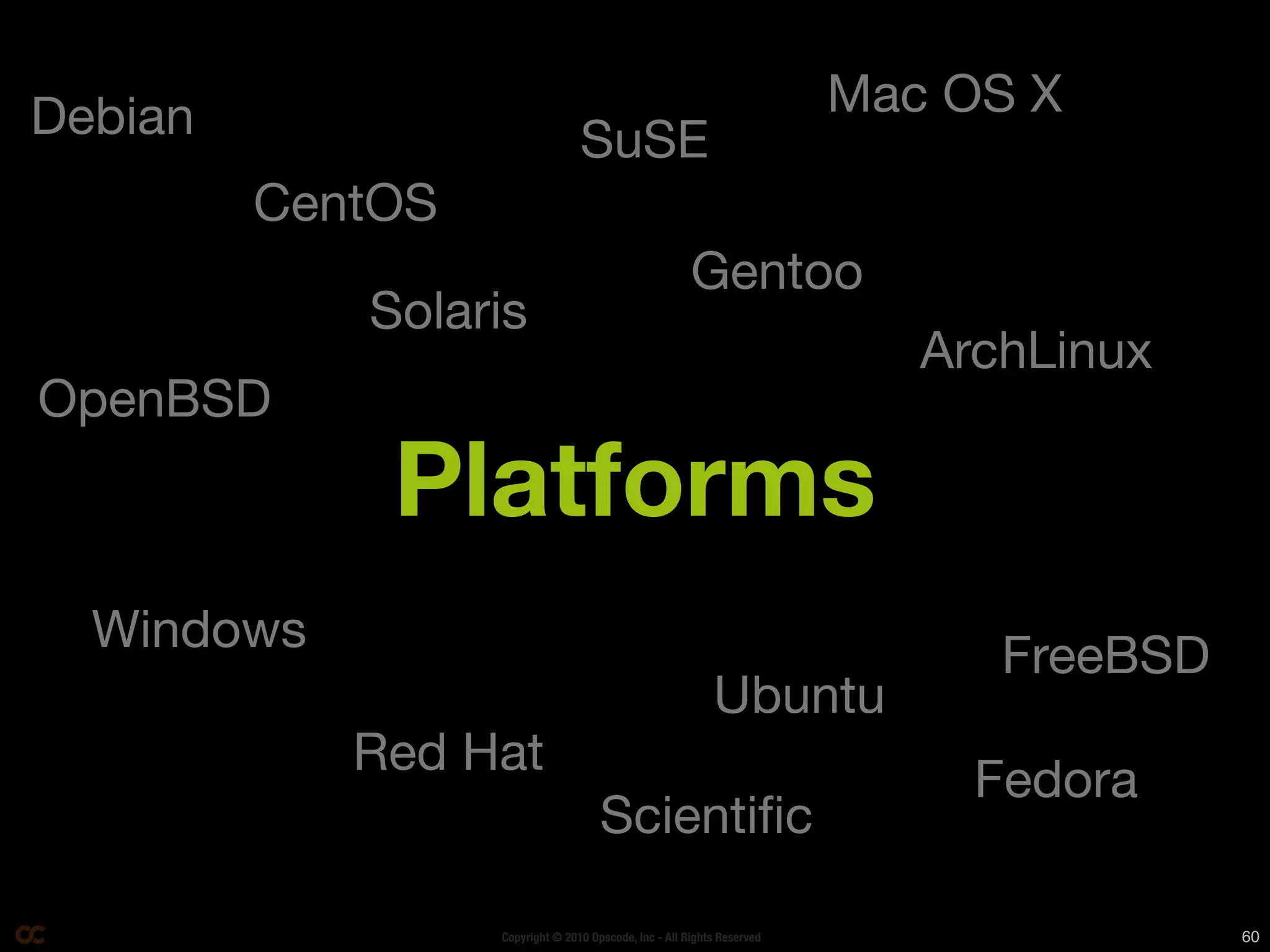 Debian                                                                  Mac OS X
                                 SuSE
         CentOS
                                                       Gentoo
            Solaris
                                                                           ArchLinux
OpenBSD
             Platforms
  Windows                                                                     FreeBSD
                                                           Ubuntu
            Red Hat
                                                                             Fedora
                                     Scientiﬁc

                  Copyright © 2010 Opscode, Inc - All Rights Reserved                   60
 
