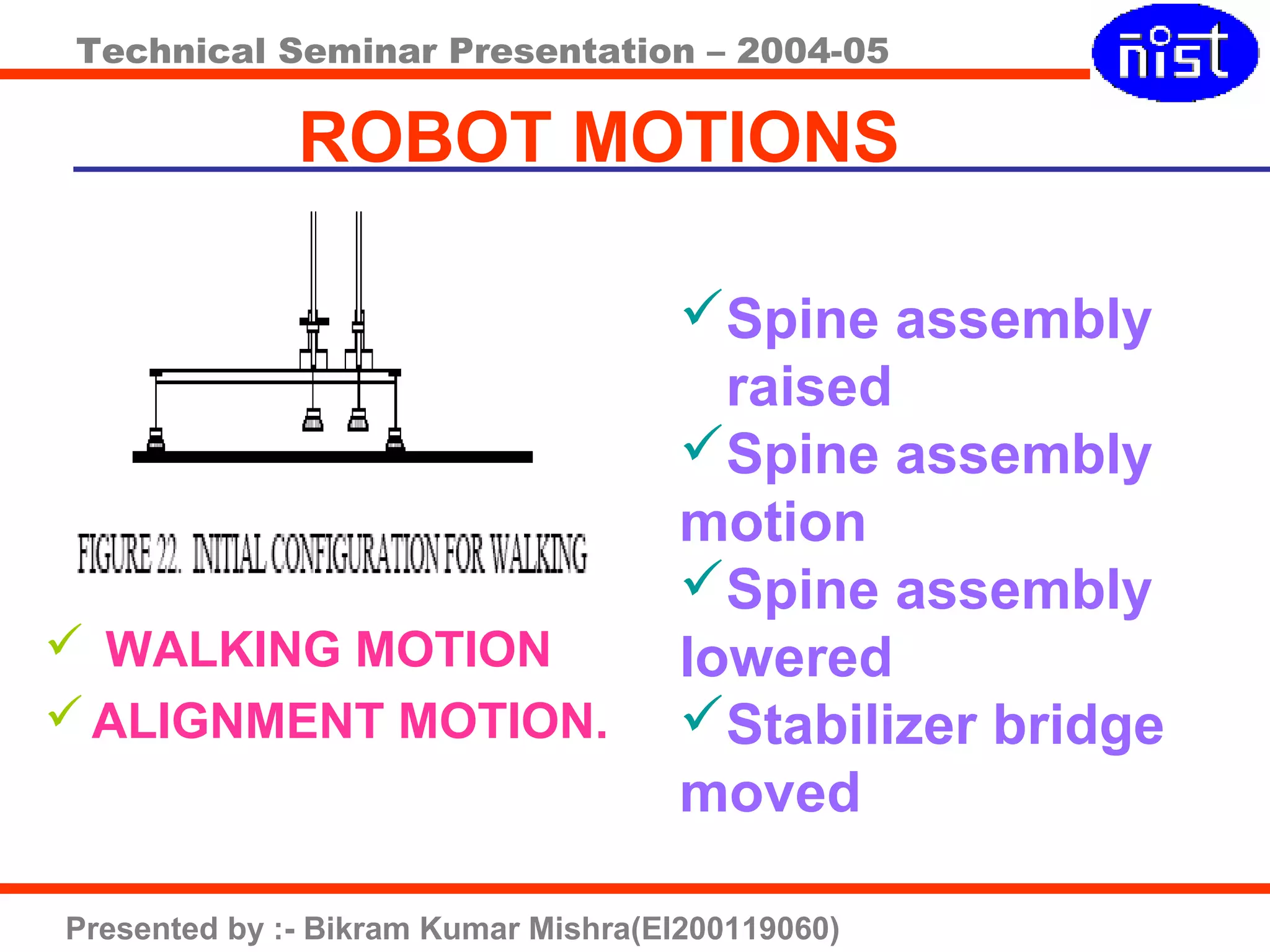 Technical Seminar Presentation – 2004-05
Presented by :- Bikram Kumar Mishra(EI200119060)
ROBOT MOTIONS
 WALKING MOTION
ALIGNMENT MOTION.
Spine assembly
raised
Spine assembly
motion
Spine assembly
lowered
Stabilizer bridge
moved
 