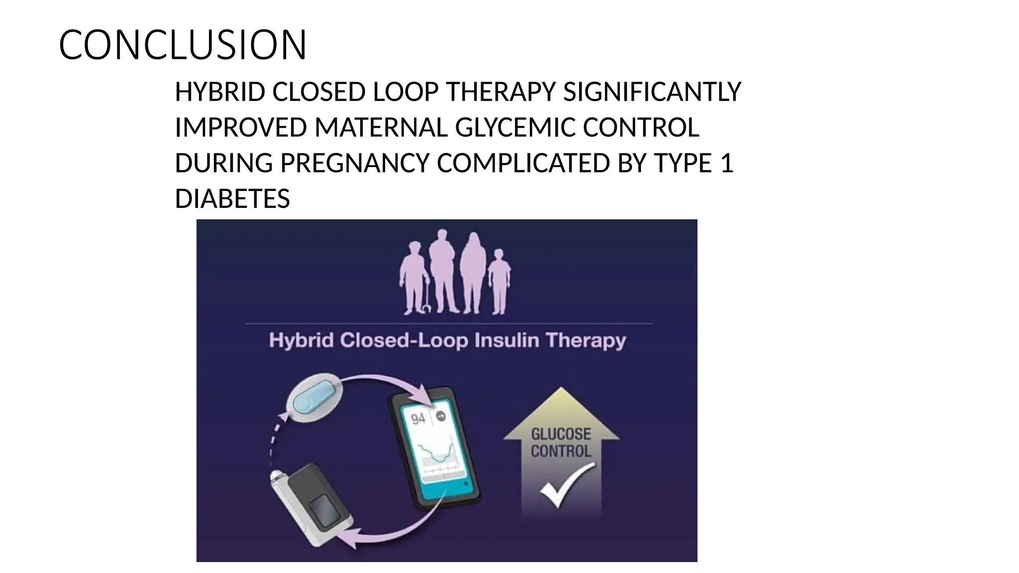 CONCLUSION
HYBRID CLOSED LOOP THERAPY SIGNIFICANTLY
IMPROVED MATERNAL GLYCEMIC CONTROL
DURING PREGNANCY COMPLICATED BY TYPE 1
DIABETES
 