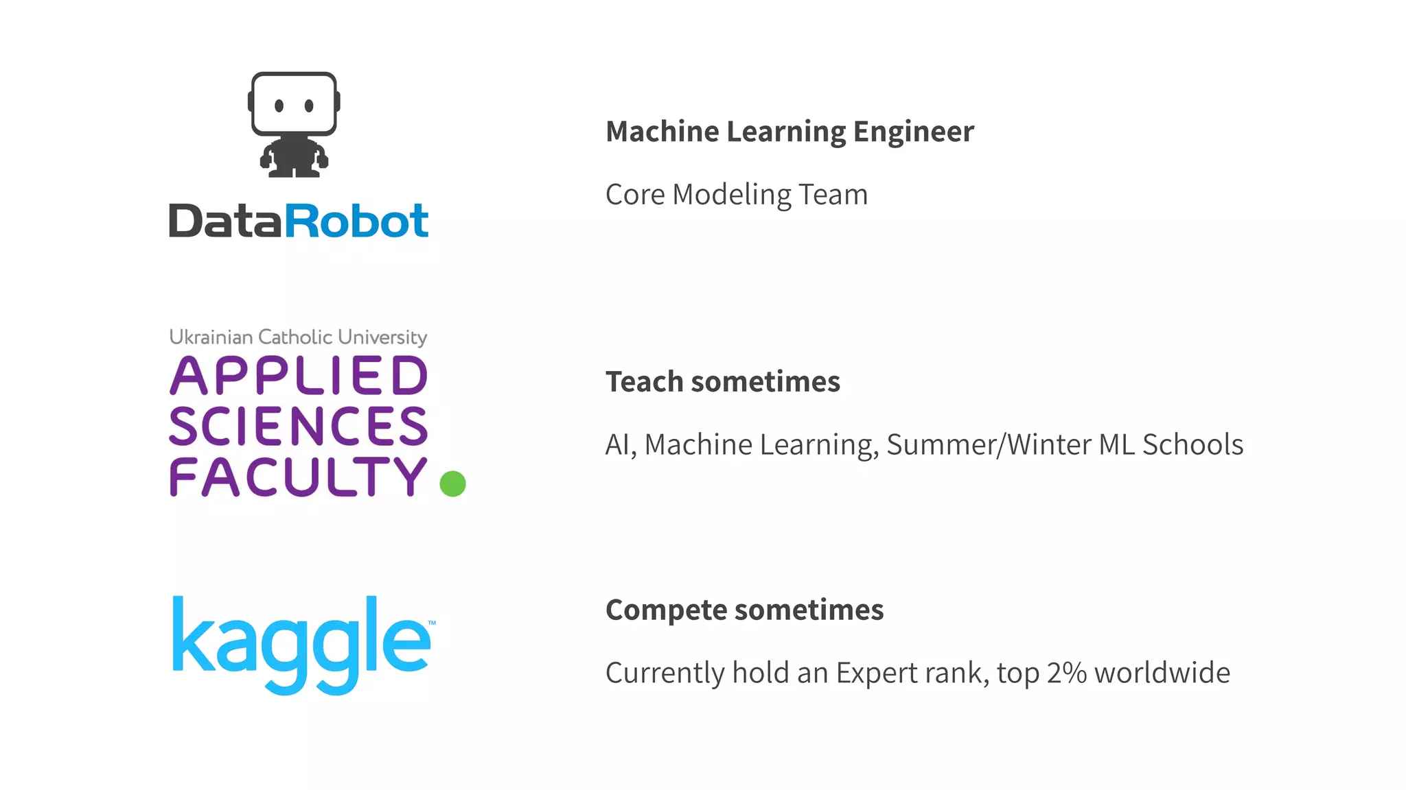 Machine Learning Engineer
Core Modeling Team
Teach sometimes
AI, Machine Learning, Summer/Winter ML Schools
Compete sometimes
Currently hold an Expert rank, top 2% worldwide
 