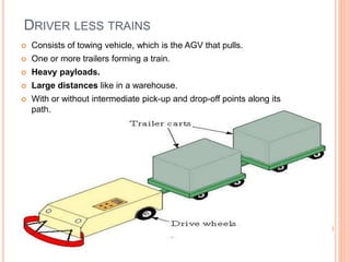 DRIVER LESS TRAINS
 Consists of towing vehicle, which is the AGV that pulls.
 One or more trailers forming a train.
 Heavy payloads.
 Large distances like in a warehouse.
 With or without intermediate pick-up and drop-off points along its
path.
 