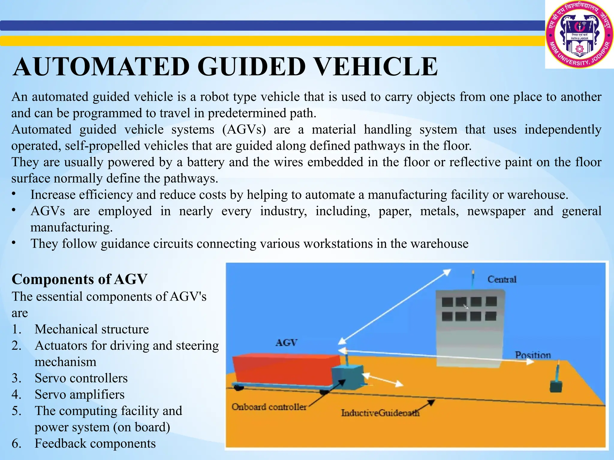 An automated guided vehicle is a robot type vehicle that is used to carry objects from one place to another
and can be programmed to travel in predetermined path.
Automated guided vehicle systems (AGVs) are a material handling system that uses independently
operated, self-propelled vehicles that are guided along defined pathways in the floor.
They are usually powered by a battery and the wires embedded in the floor or reflective paint on the floor
surface normally define the pathways.
• Increase efficiency and reduce costs by helping to automate a manufacturing facility or warehouse.
• AGVs are employed in nearly every industry, including, paper, metals, newspaper and general
manufacturing.
• They follow guidance circuits connecting various workstations in the warehouse
AUTOMATED GUIDED VEHICLE
Components of AGV
The essential components of AGV's
are
1. Mechanical structure
2. Actuators for driving and steering
mechanism
3. Servo controllers
4. Servo amplifiers
5. The computing facility and
power system (on board)
6. Feedback components
 