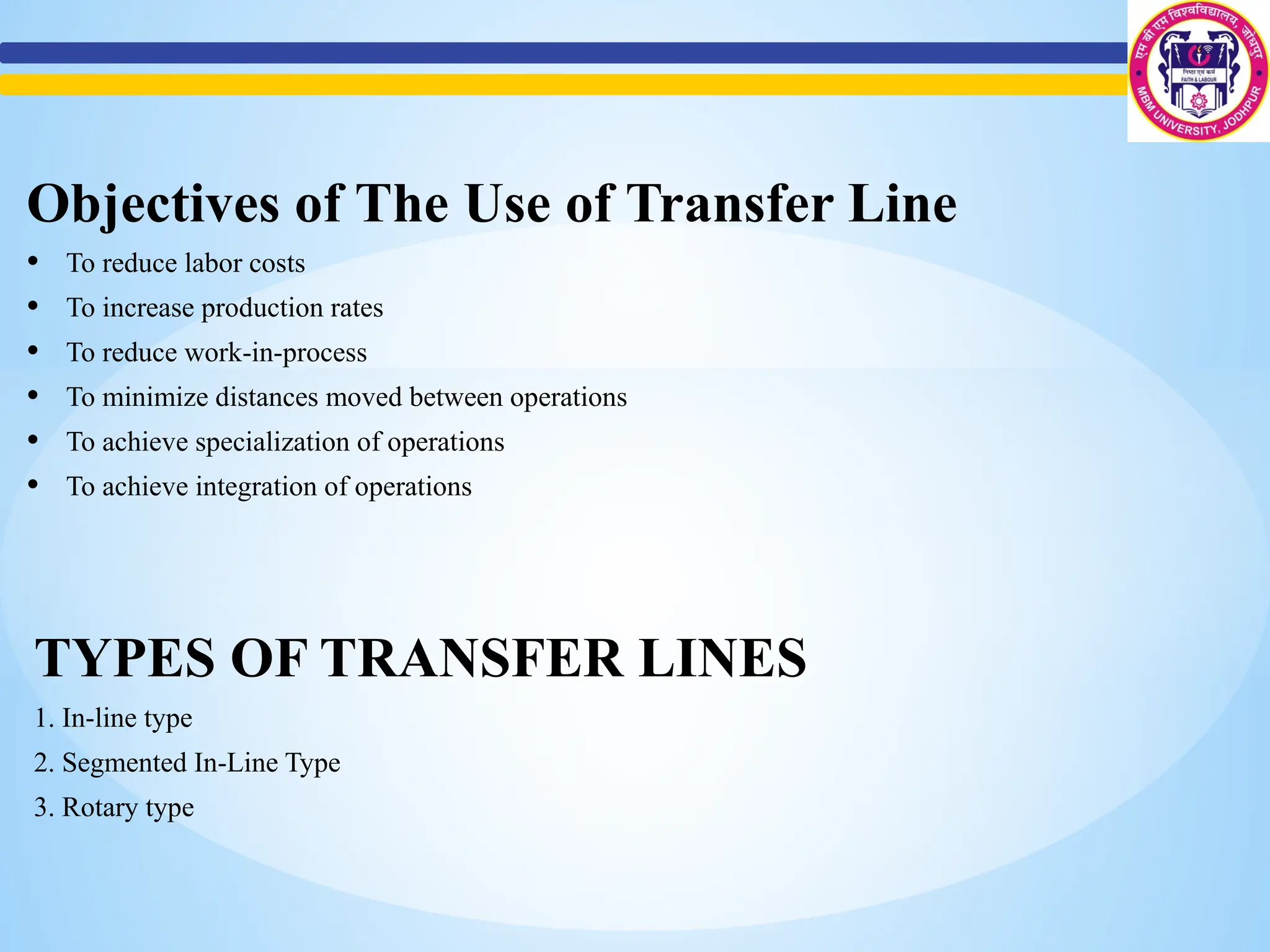 Objectives of The Use of Transfer Line
• To reduce labor costs
• To increase production rates
• To reduce work-in-process
• To minimize distances moved between operations
• To achieve specialization of operations
• To achieve integration of operations
TYPES OF TRANSFER LINES
1. In-line type
2. Segmented In-Line Type
3. Rotary type
 