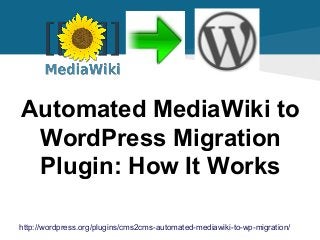 Automated MediaWiki to
WordPress Migration
Plugin: How It Works
http://wordpress.org/plugins/cms2cms-automated-mediawiki-to-wp-migration/

 