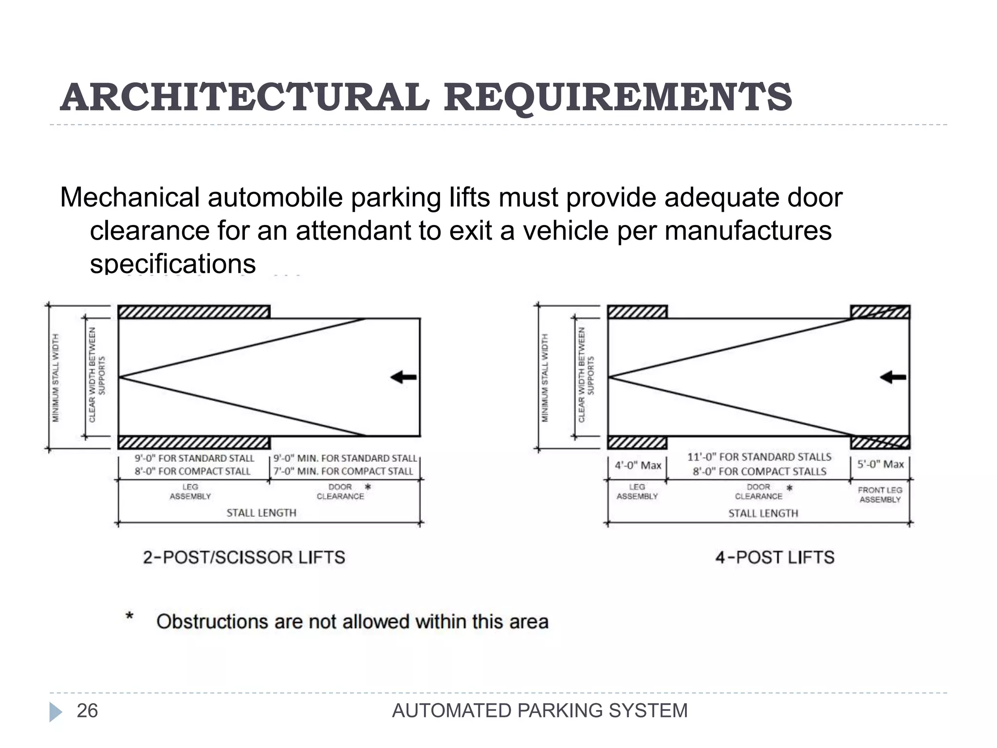 ARCHITECTURAL REQUIREMENTS
AUTOMATED PARKING SYSTEM26
Mechanical automobile parking lifts must provide adequate door
clearance for an attendant to exit a vehicle per manufactures
specifications
 