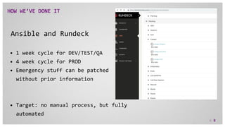 HOW WE’VE DONE IT
c 9
Ansible and Rundeck
• 1 week cycle for DEV/TEST/QA
• 4 week cycle for PROD
• Emergency stuff can be ...