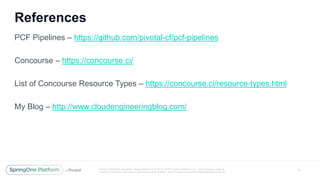 Unless otherwise indicated, these slides are © 2013 -2016 Piv otal Software, Inc. and licensed under a
Creative Commons Attribution-NonCommercial license: http://creativecommons.org/licenses/by-nc/3.0/
References
11
PCF Pipelines – https://github.com/pivotal-cf/pcf-pipelines
Concourse – https://concourse.ci/
List of Concourse Resource Types – https://concourse.ci/resource-types.html
My Blog – http://www.cloudengineeringblog.com/
 