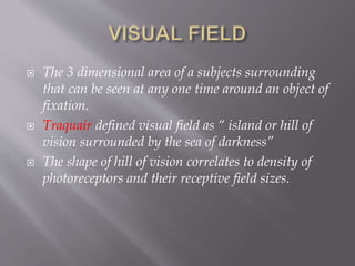  The 3 dimensional area of a subjects surrounding
that can be seen at any one time around an object of
fixation.
 Traquair defined visual field as “ island or hill of
vision surrounded by the sea of darkness”
 The shape of hill of vision correlates to density of
photoreceptors and their receptive field sizes.
 