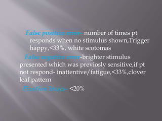 False positive error- number of times pt
responds when no stimulus shown,Trigger
happy,<33%, white scotomas
False negative error-brighter stimulus
presented which was previosly sensitive,if pt
not respond- inattentive/fatigue,<33%,clover
leaf pattern
Fixation losses- <20%
 