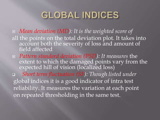  Mean deviation (MD): It is the weighted score of
all the points on the total deviation plot. It takes into
account both the severity of loss and amount of
field affected
 Pattern standard deviation (PSD): It measures the
extent to which the damaged points vary from the
expected hill of vision (localized loss)
 Short term fluctuation (SF): Though listed under
global indices it is a good indicator of intra test
reliability. It measures the variation at each point
on repeated thresholding in the same test.
 