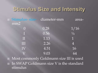 Stimulus- size- diameter-mm area-
mm2
0 0.28 1/16
I 0.56 ¼
II 1.13 1
III 2.26 4
IV 4.51 16
V 9.03 64
 Most commonly Goldmann size III is used
 In SWAP Goldmann size V is the standard
stimulus
 