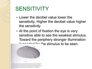 SENSITIVITY
 Lower the decibel value lower the
sensitivity; Higher the decibel value higher
the sensitivity
 At the point of fixation the eye is very
sensitive able to see the weakest stimulus.
Toward the periphery stronger illumination
is needed for the stimulus to be seen.
 