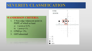 ANDERSON CRITERIA
1. 3 Non-edge Adjascent point in
PDPP, of which at least
a) 2 points p<0.5%
b) 1 point p<1%
2. CPSD p< 5%
3. GHT-abnormal
 
