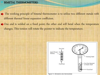  BIMETAL THERMOMETERS-
The working principle of bimetal thermometer is to utilize two different metals with
different thermal linear expansion coefficient.
One end is welded on a fixed point; the other end will bend when the temperature
changes. This torsion will rotate the pointer to indicate the temperature.
 