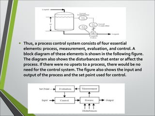 • Thus, a process control system consists of four essential
elements: process, measurement, evaluation, and control. A
block diagram of these elements is shown in the following figure.
The diagram also shows the disturbances that enter or affect the
process. If there were no upsets to a process, there would be no
need for the control system.The figure also shows the input and
output of the process and the set point used for control.
 