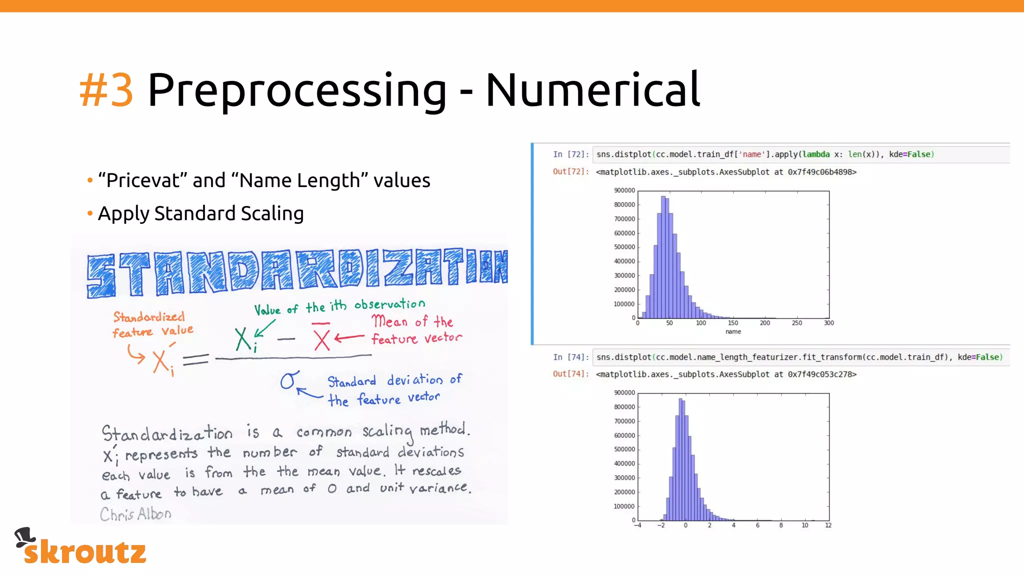 #3 Preprocessing - Numerical
• “Pricevat” and “Name Length” values
• Apply Standard Scaling
 