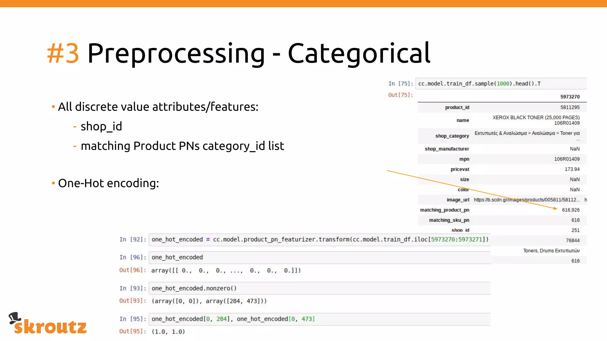 #3 Preprocessing - Categorical
• All discrete value attributes/features:
- shop_id
- matching Product PNs category_id list
• One-Hot encoding:
 
