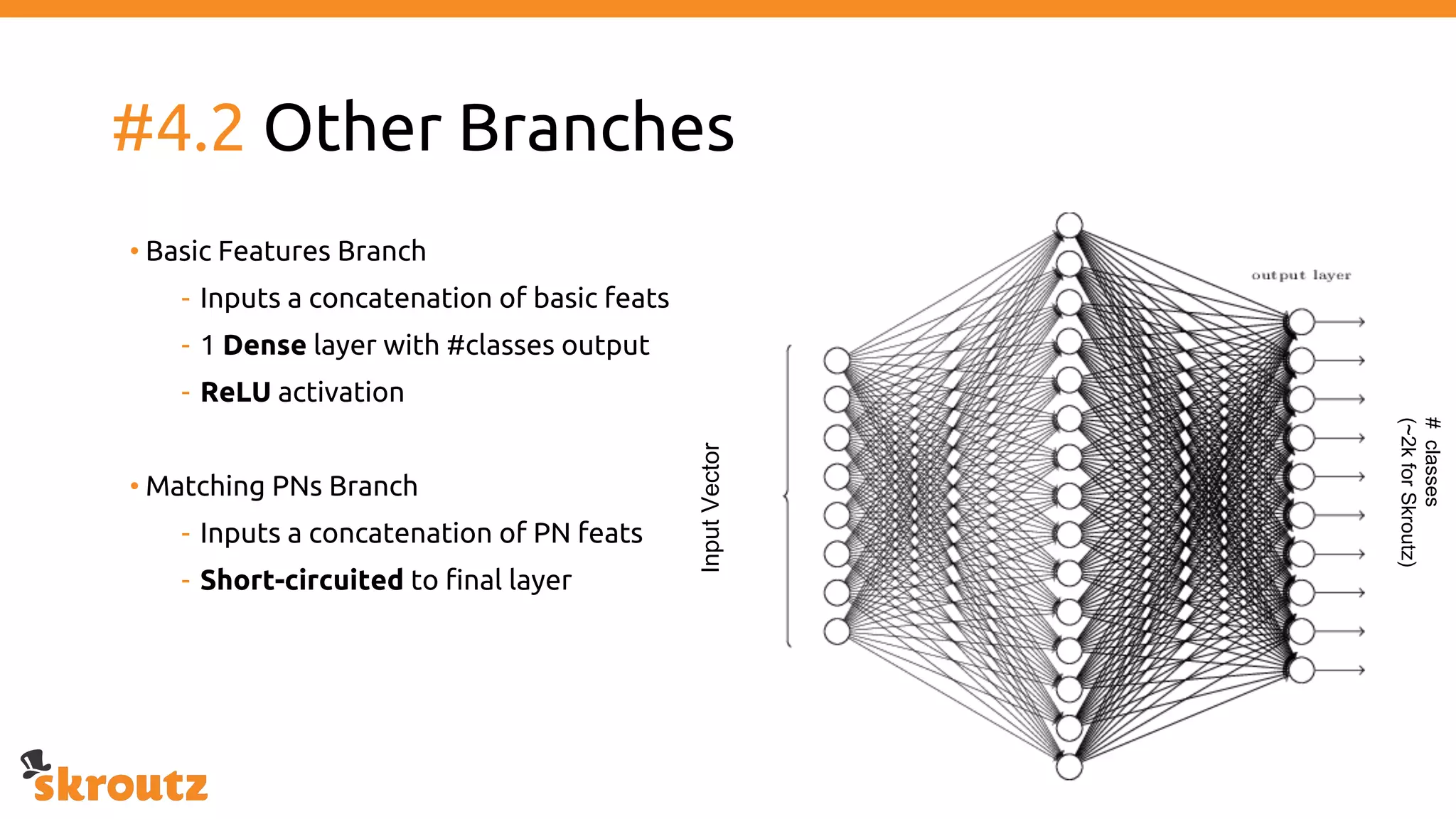 #4.2 Other Branches
• Basic Features Branch
- Inputs a concatenation of basic feats
- 1 Dense layer with #classes output
- ReLU activation
• Matching PNs Branch
- Inputs a concatenation of PN feats
- Short-circuited to final layer
InputVector
#classes
(~2kforSkroutz)
 