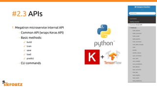 #2.3 APIs
1. Megatron microservice internal API
- Common API (wraps Keras API)
- Basic methods:
✓ build
✓ train
✓ save
✓ load
✓ predict
- CLI commands
 