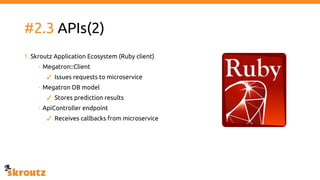 #2.3 APIs(2)
1. Skroutz Application Ecosystem (Ruby client)
- Megatron::Client
✓ Issues requests to microservice
- Megatron DB model
✓ Stores prediction results
- ApiController endpoint
✓ Receives callbacks from microservice
 
