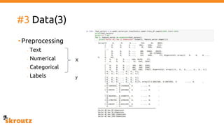 #3 Data(3)
•Preprocessing
- Text
- Numerical
- Categorical
- Labels
X
y
 