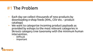 #1 The Problem
• Each day we collect thousands of new products by
downloading e-shop feeds (XML, CSV etc. - product
catalogs)
• We want to categorize incoming product payloads as
provided by eshops to the most relevant categories in
Skroutz category tree taxonomy with the minimum human
intervention.
- Difficult
- Important
 