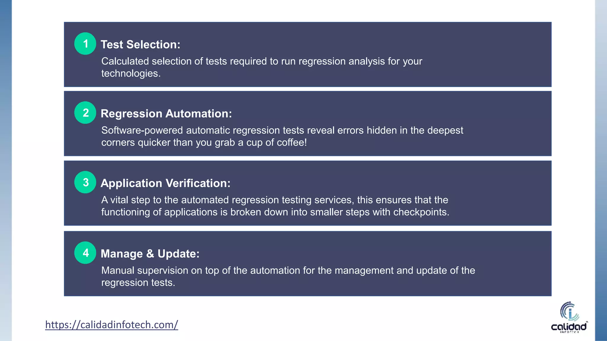https://calidadinfotech.com/
Test Selection:
1
Calculated selection of tests required to run regression analysis for your
technologies.
Regression Automation:
2
Software-powered automatic regression tests reveal errors hidden in the deepest
corners quicker than you grab a cup of coffee!
Application Verification:
3
A vital step to the automated regression testing services, this ensures that the
functioning of applications is broken down into smaller steps with checkpoints.
Manage & Update:
4
Manual supervision on top of the automation for the management and update of the
regression tests.
 