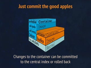 Changes to the container can be committed
to the central index or rolled back
Just commit the good apples
 