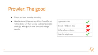Open S3 buckets
Secrets in EC2 user-data
IAM privilege escalation
Open Security Groups
Prowler: The good
● Focus on cloud security scanning
● Good vulnerability coverage, identifies different
vulnerability set than Scout2 (with considerable
overlap). ProTip: Run both tools and merge
results.
 