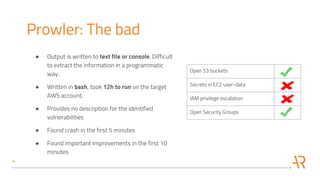 Open S3 buckets
Secrets in EC2 user-data
IAM privilege escalation
Open Security Groups
Prowler: The bad
● Output is written to text file or console. Difficult
to extract the information in a programmatic
way.
● Written in bash, took 12h to run on the target
AWS account.
● Provides no description for the identified
vulnerabilities
● Found crash in the first 5 minutes
● Found important improvements in the first 10
minutes
 