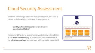 Cloud Security Assessment
Since this terminology is new for most professionals, let's take a
minute to define what a cloud security assessment is:
Identify vulnerabilities and bad practices by
querying the AWS API
Keep in mind that these assessments won't identify vulnerabilities
at the application level (e.g. SQL injections), or vulnerabilities at
the infrastructure level (e.g. root user with guessable credentials).
 