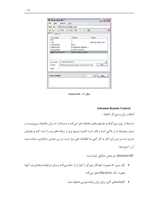 ‫٩٢‬




                                     ‫ﺷﮑﻞ 4-1- ‪Selenium IDE‬‬




                                                              ‫‪Selenium Remote Control‬‬
                                                                  ‫اﻧﺘﺨﺎب زﺑﺎن و ﻣﺮورﮔﺮ دﻟﺨﻮاه :‬

‫ﺗﺴﺖﻫﺎ را روي ﻣﺮورﮔﺮﻫﺎ و ﭼﺎرﭼﻮبﻫﺎي ﻣﺨﺘﻠﻒ اﺟﺮا ﻣﯽﮐﻨﺪ و ﺗﺴﺖﻫﺎ را ﺑﻪ زﺑﺎن دﻟﺨـﻮاه ﻣـﯽﻧﻮﯾـﺴﺪ. و‬

‫ﺑﺴﯿﺎر ﭘﯿﺸﺮﻓﺘﻪ ﺗﺮ از ﺑﺎﻻﯾﯽ اﺳﺖ و ﻗﺎدر اﺳﺖ ﮔﺴﺘﺮه وﺳﯿﻊ ﺗﺮي از ﺑﺮﻧﺎﻣﻪ ﻫﺎي وب را ﺗﺴﺖ ﮐﻨﺪ و ﻣﻘﯿـﺎس‬

‫ﭘﺬﯾﺮﺗﺮ اﺳﺖ و ﻧﯿﺰ ﺑﺮاي آﻏﺎز ﺑﻪ ﮐﺎر ﮐﻤﯽ ﺑﻪ اﻃﻼﻋﺎت ﻓﻨﯽ ﻧﯿﺎز اﺳﺖ. در زﯾﺮ ﻧﻤﺎﯾﺶ ﺳﺎﺧﺘﺎري ﺳـﺎده ﺷـﺪه‬

                                                                                ‫آن را ﻣﯽﺑﯿﻨﯿﺪ.‬

                                                      ‫‪Selenium RC‬از دو ﺑﺨﺶ ﺗﺸﮑﯿﻞ ﺷﺪه اﺳﺖ:‬

‫‪ ‬ﯾﮏ ﺳﺮور ﮐﻪ ﺑﺼﻮرت ﺧﻮدﮐﺎر ﻣﺮورﮔﺮ را اﺟﺮا و ﯾﺎ ﺗﻤﺎم ﻣﯽﮐﻨﺪ و ﺑﺮاي درﺧﻮاﺳـﺖﻫـﺎي وب آﻧﻬـﺎ‬

                                                     ‫ﺑﺼﻮرت ﯾﮏ ‪ http proxy‬ﻋﻤﻞ ﻣﯽﮐﻨﺪ.‬

                                    ‫‪ ‬ﮐﺘﺎﺑﺨﺎﻧﻪﻫﺎي ﮐﺎرﺑﺮ ﺑﺮاي زﺑﺎن ﺑﺮﻧﺎﻣﻪ ﻧﻮﯾﺴﯽ دﻟﺨﻮاه ﺷﻤﺎ‬
 
