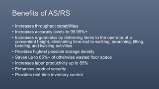 Benefits of AS/RS
• Increases throughput capabilities
• Increases accuracy levels to 99.99%+
• Increases ergonomics by delivering items to the operator at a
convenient height, eliminating time lost to walking, searching, lifting,
bending and twisting activities
• Provides highest possible storage density
• Saves up to 85%+ of otherwise wasted floor space
• Increases labor productivity up to 85%
• Enhances product security
• Provides real-time inventory control
 