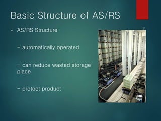 Basic Structure of AS/RS
• AS/RS Structure
- automatically operated
- can reduce wasted storage
place
- protect product
 