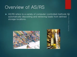 Overview of AS/RS
 AS/RS refers to a variety of computer-controlled methods for
automatically depositing and retrieving loads from defined
storage locations.
 