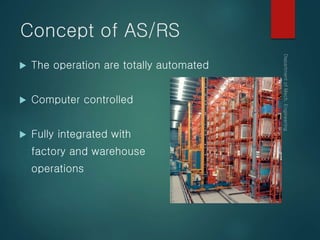 Concept of AS/RS
 The operation are totally automated
 Computer controlled
 Fully integrated with
factory and warehouse
operations
 