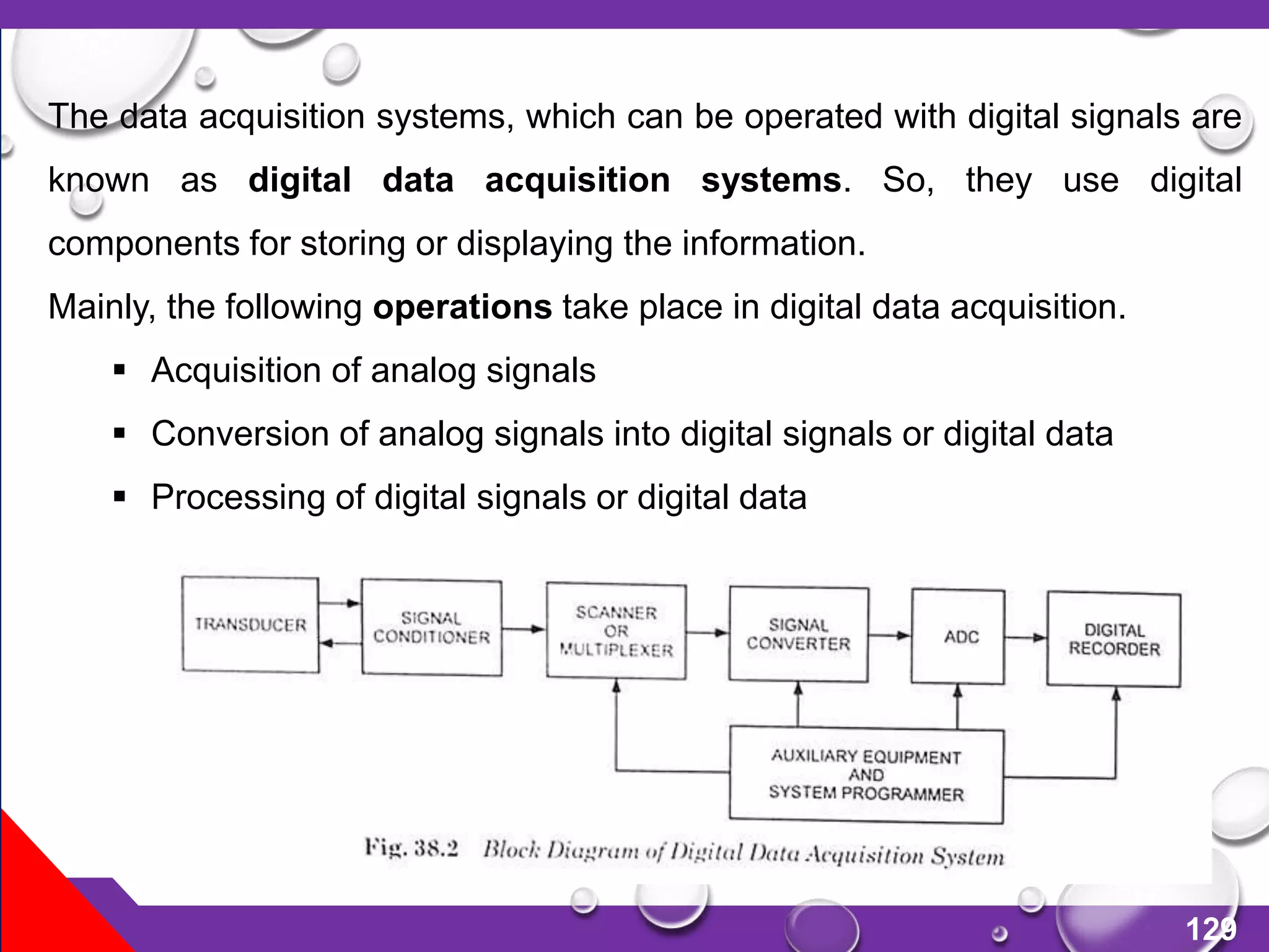 129
The data acquisition systems, which can be operated with digital signals are
known as digital data acquisition systems. So, they use digital
components for storing or displaying the information.
Mainly, the following operations take place in digital data acquisition.
 Acquisition of analog signals
 Conversion of analog signals into digital signals or digital data
 Processing of digital signals or digital data
 