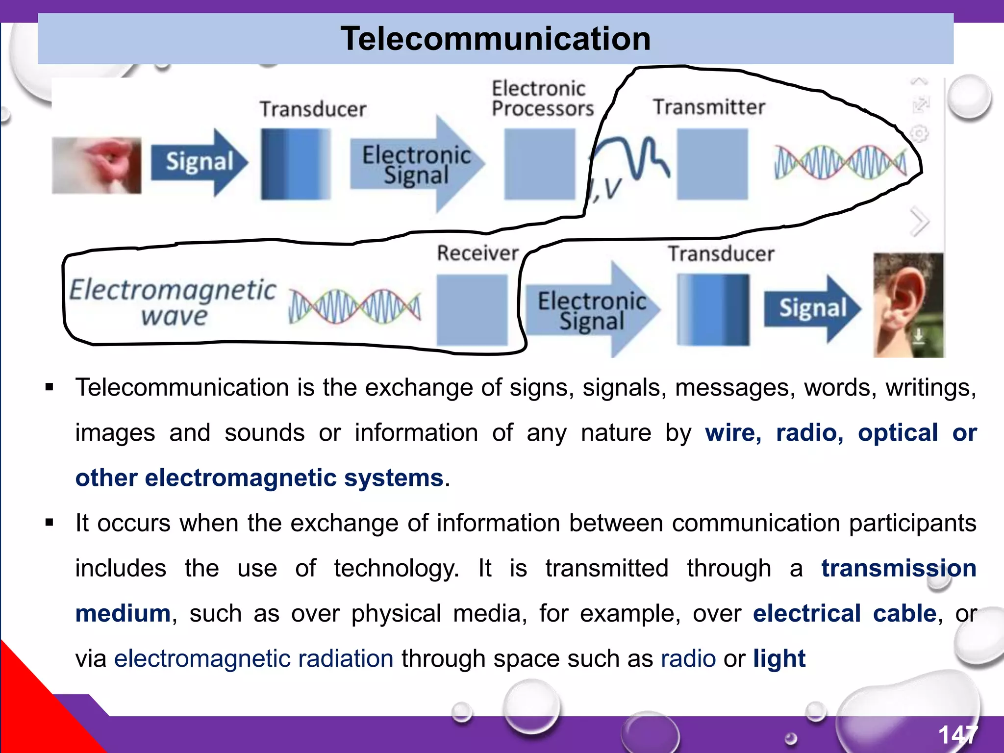 147
Telecommunication
 Telecommunication is the exchange of signs, signals, messages, words, writings,
images and sounds or information of any nature by wire, radio, optical or
other electromagnetic systems.
 It occurs when the exchange of information between communication participants
includes the use of technology. It is transmitted through a transmission
medium, such as over physical media, for example, over electrical cable, or
via electromagnetic radiation through space such as radio or light
 