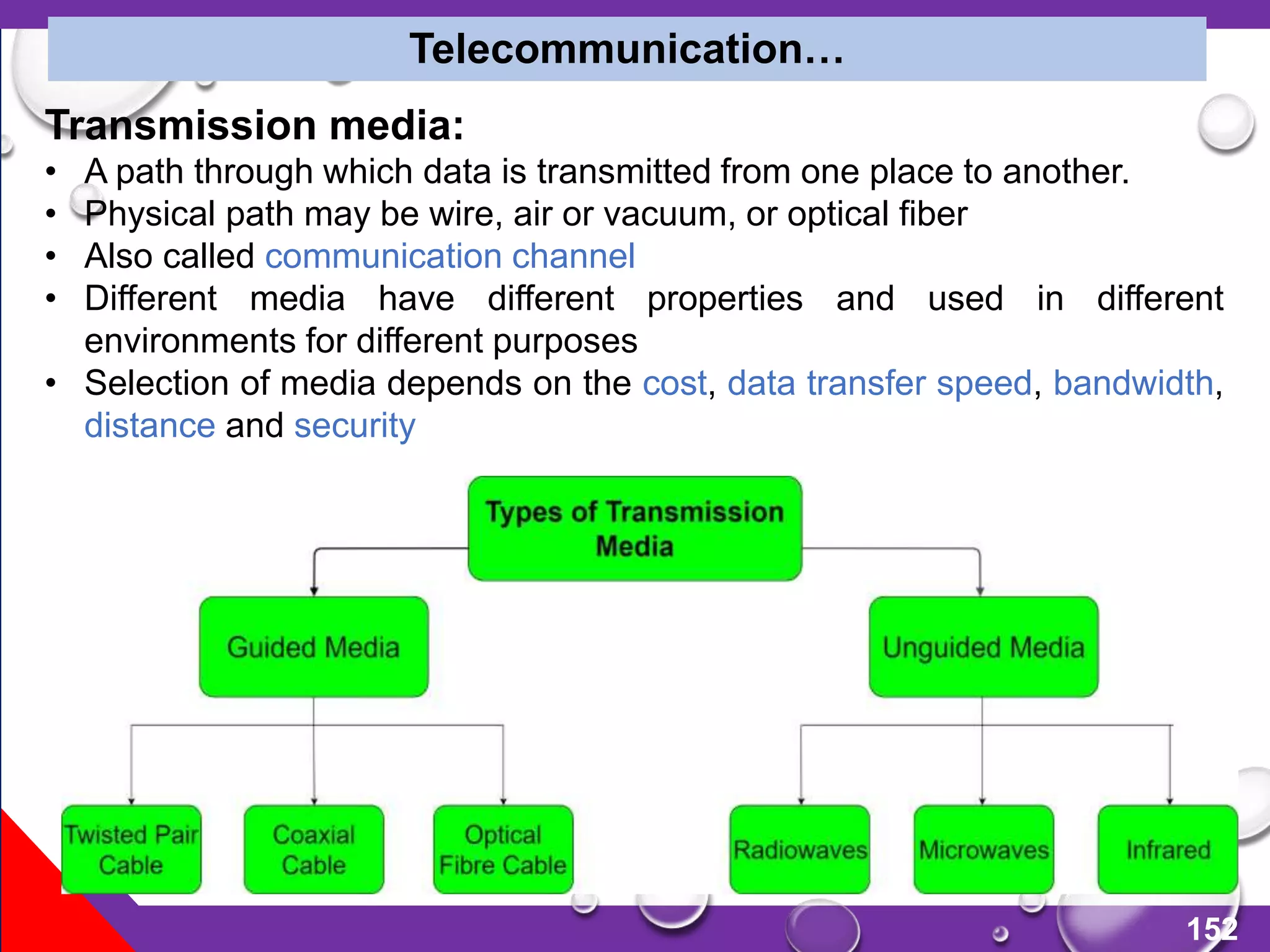 152
Telecommunication…
Transmission media:
• A path through which data is transmitted from one place to another.
• Physical path may be wire, air or vacuum, or optical fiber
• Also called communication channel
• Different media have different properties and used in different
environments for different purposes
• Selection of media depends on the cost, data transfer speed, bandwidth,
distance and security
 