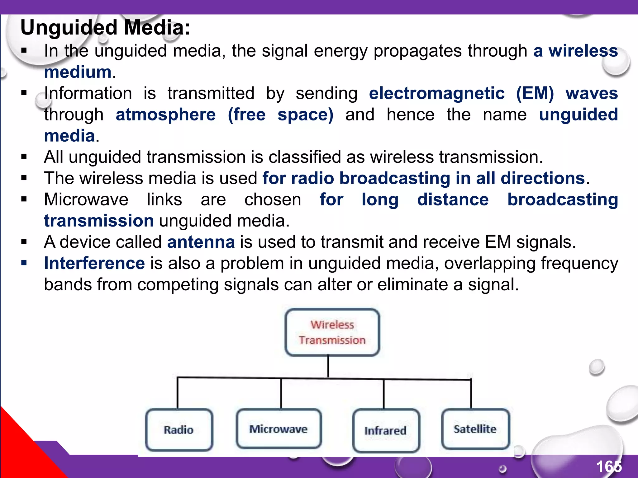 165
Unguided Media:
 In the unguided media, the signal energy propagates through a wireless
medium.
 Information is transmitted by sending electromagnetic (EM) waves
through atmosphere (free space) and hence the name unguided
media.
 All unguided transmission is classified as wireless transmission.
 The wireless media is used for radio broadcasting in all directions.
 Microwave links are chosen for long distance broadcasting
transmission unguided media.
 A device called antenna is used to transmit and receive EM signals.
 Interference is also a problem in unguided media, overlapping frequency
bands from competing signals can alter or eliminate a signal.
 