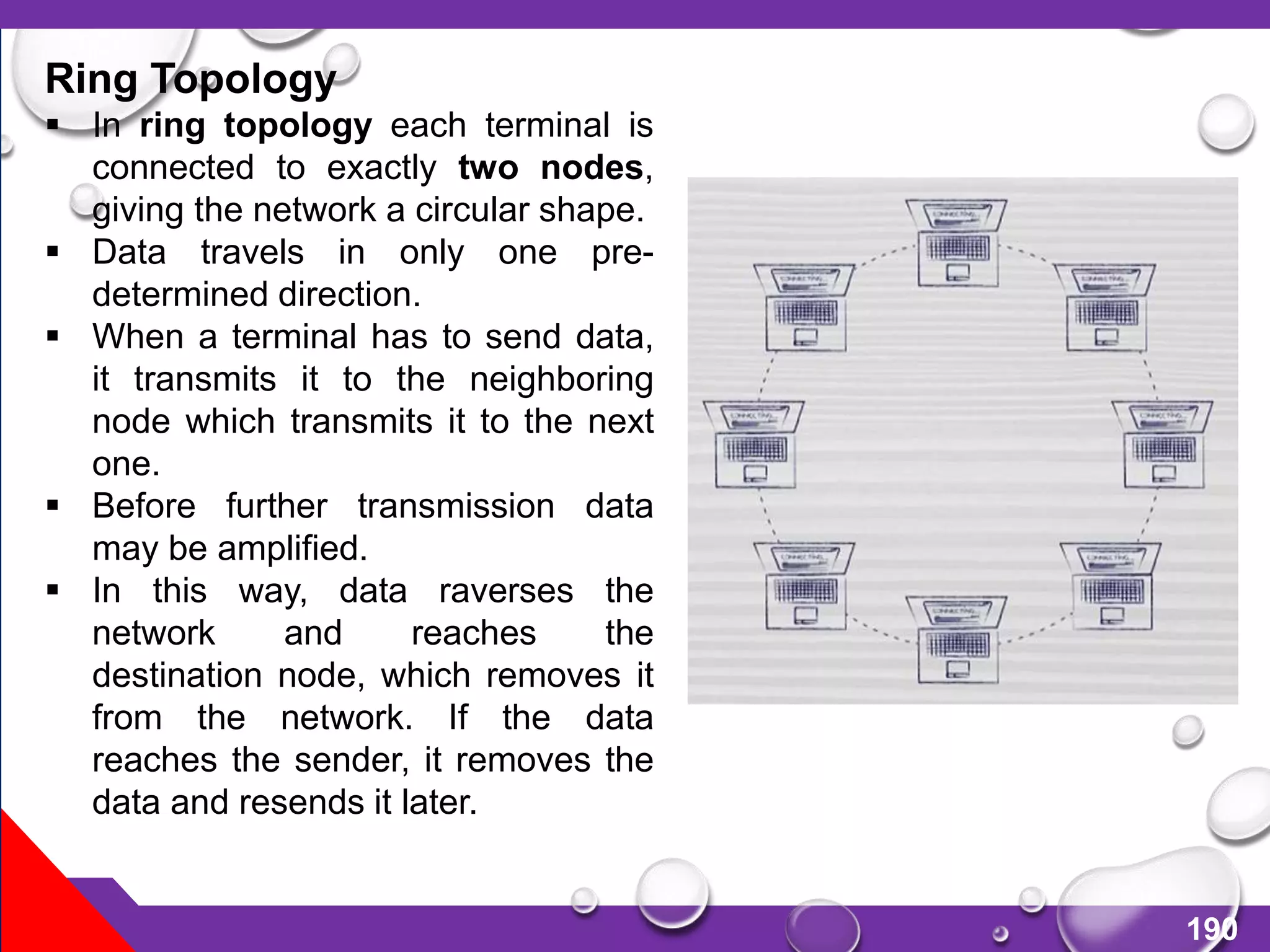 190
Ring Topology
 In ring topology each terminal is
connected to exactly two nodes,
giving the network a circular shape.
 Data travels in only one pre-
determined direction.
 When a terminal has to send data,
it transmits it to the neighboring
node which transmits it to the next
one.
 Before further transmission data
may be amplified.
 In this way, data raverses the
network and reaches the
destination node, which removes it
from the network. If the data
reaches the sender, it removes the
data and resends it later.
 